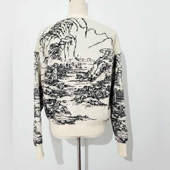 Cider Women’s Landscape Print Sweater Medium Cream Black Round Neck Regular Fit - Picture 4 of 10